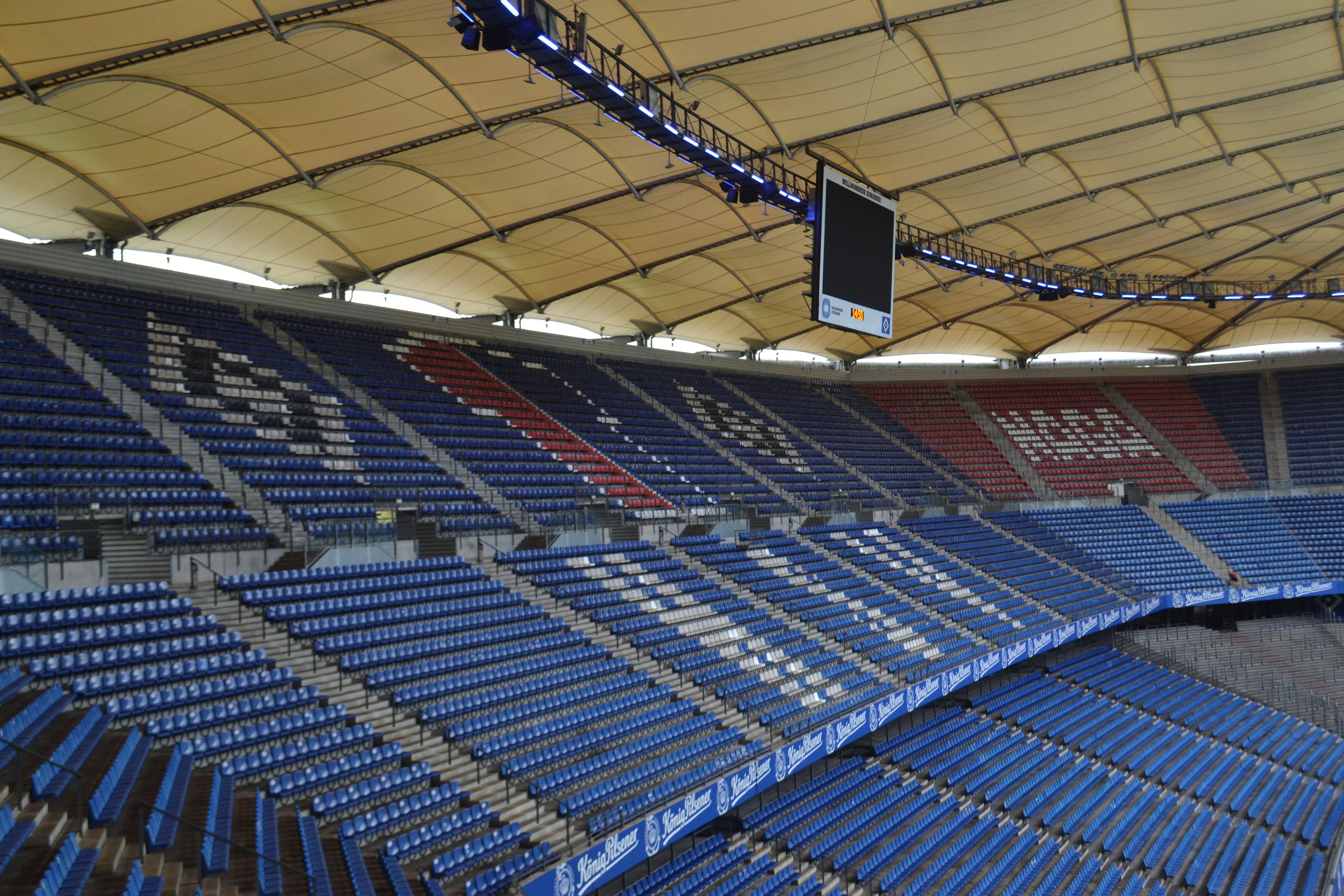 The empty stands of the Volksparkstadion Hamburg.