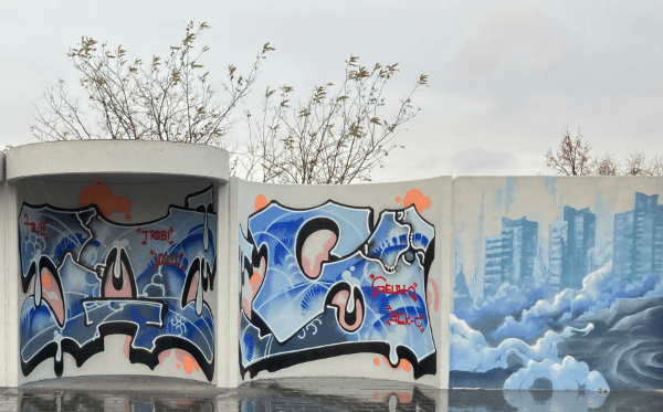 Lärmschutzwand und Wetterschutzbauten am Bahnhof Mannheim-Neckarstadt nach Neugestaltung durch künstlerische Graffiti.