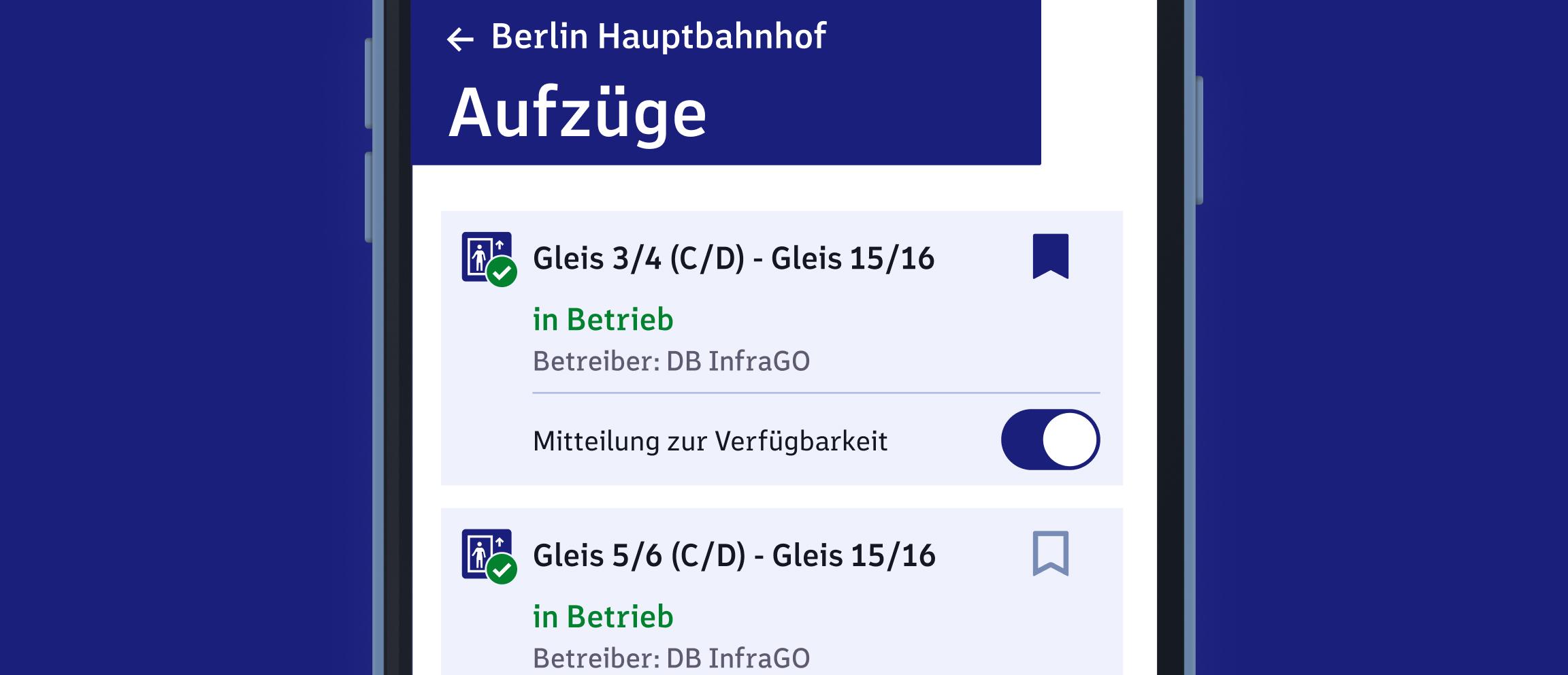 Blick die Aufzugsseite der bahnhof.de Web-App.