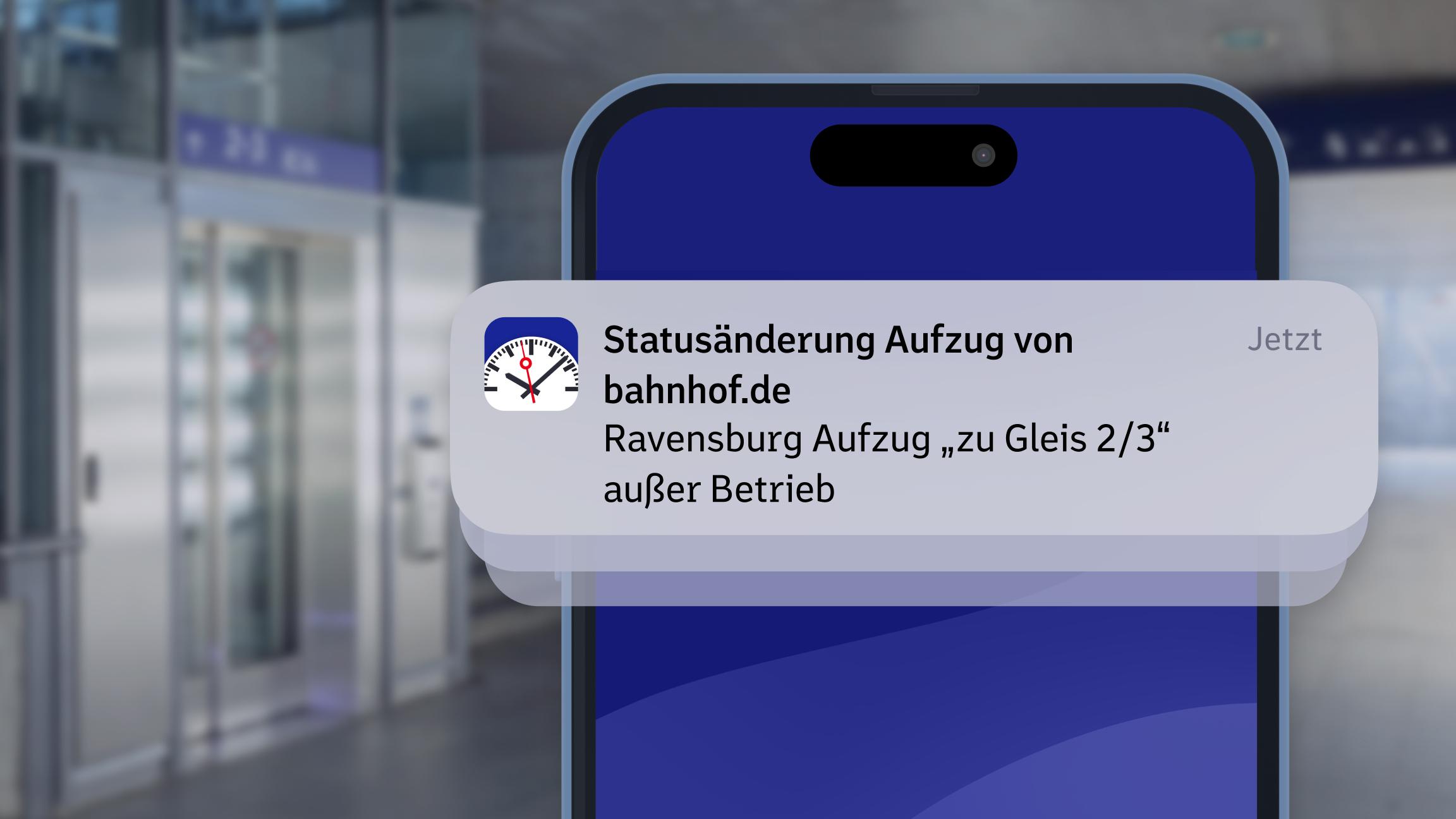 Blick die Aufzugsseite der Web-App von bahnhof.de